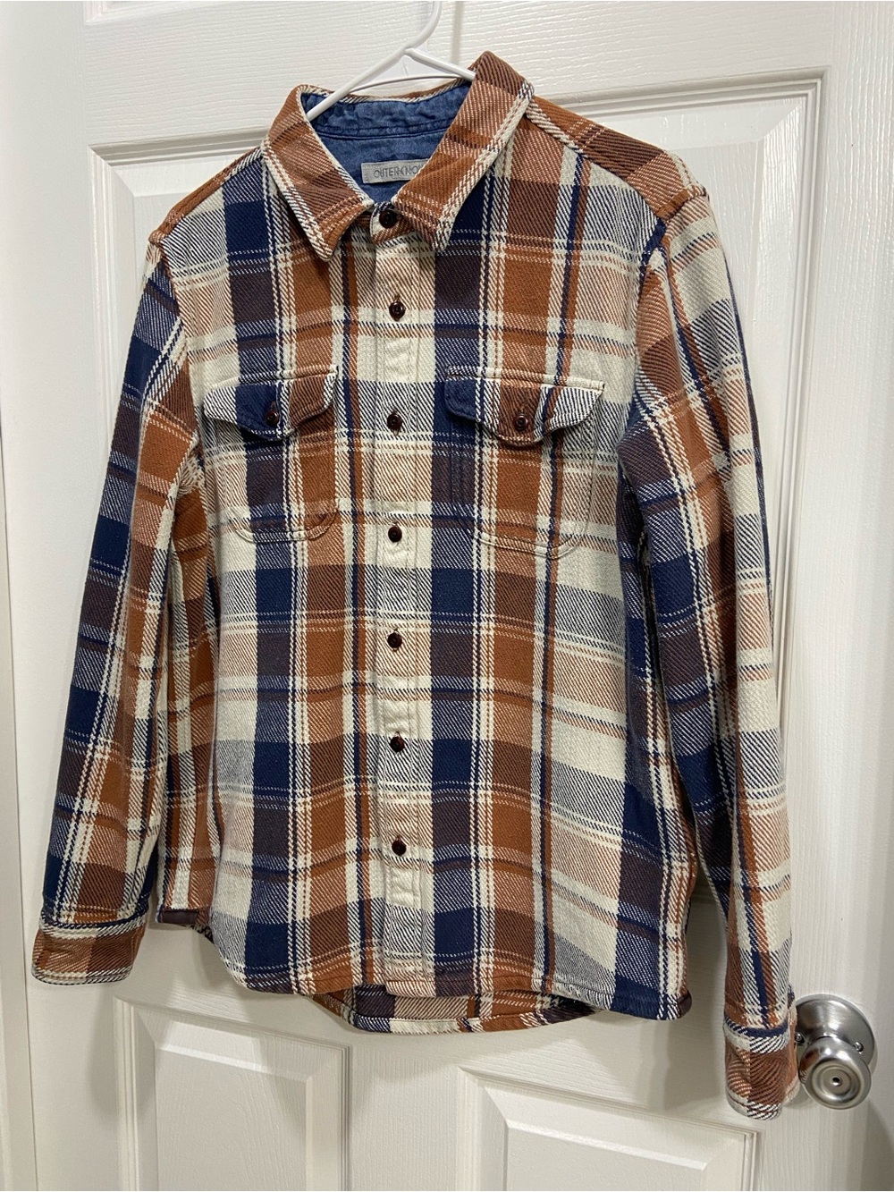 Outerknown Men's Brown and Navy Plaid Flannel Shirt - Comfortable Classic Size M